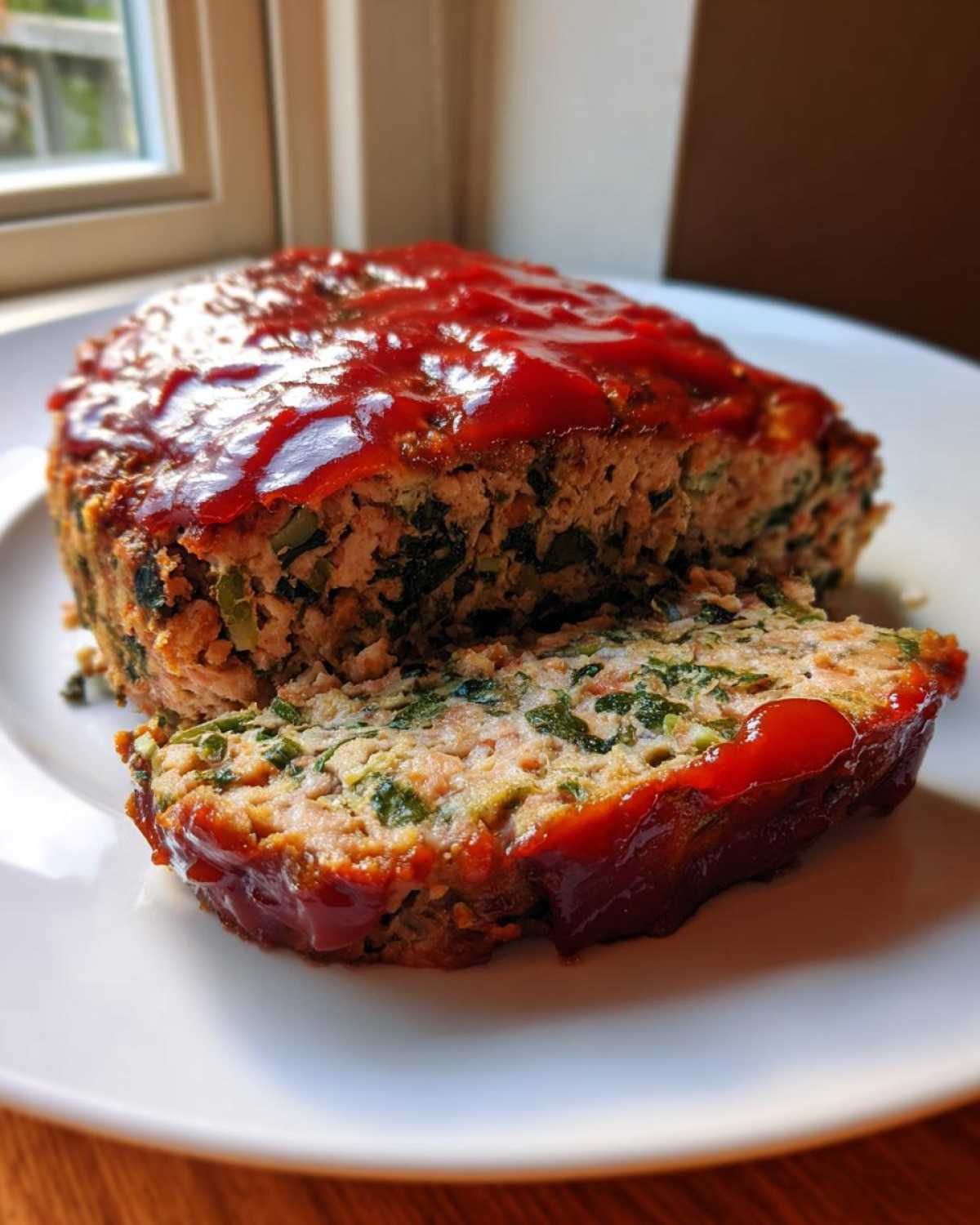 A slice of Healthy Turkey Spinach Meatloaf topped with a shiny red glaze, showing visible spinach throughout.