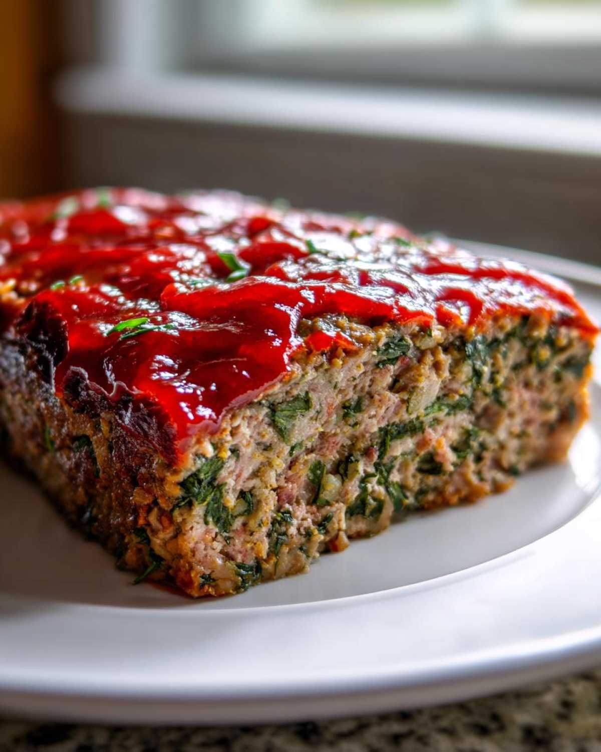 A close-up slice of Healthy Turkey Spinach Meatloaf topped with a shiny red glaze, showing green spinach throughout the meat mixture.