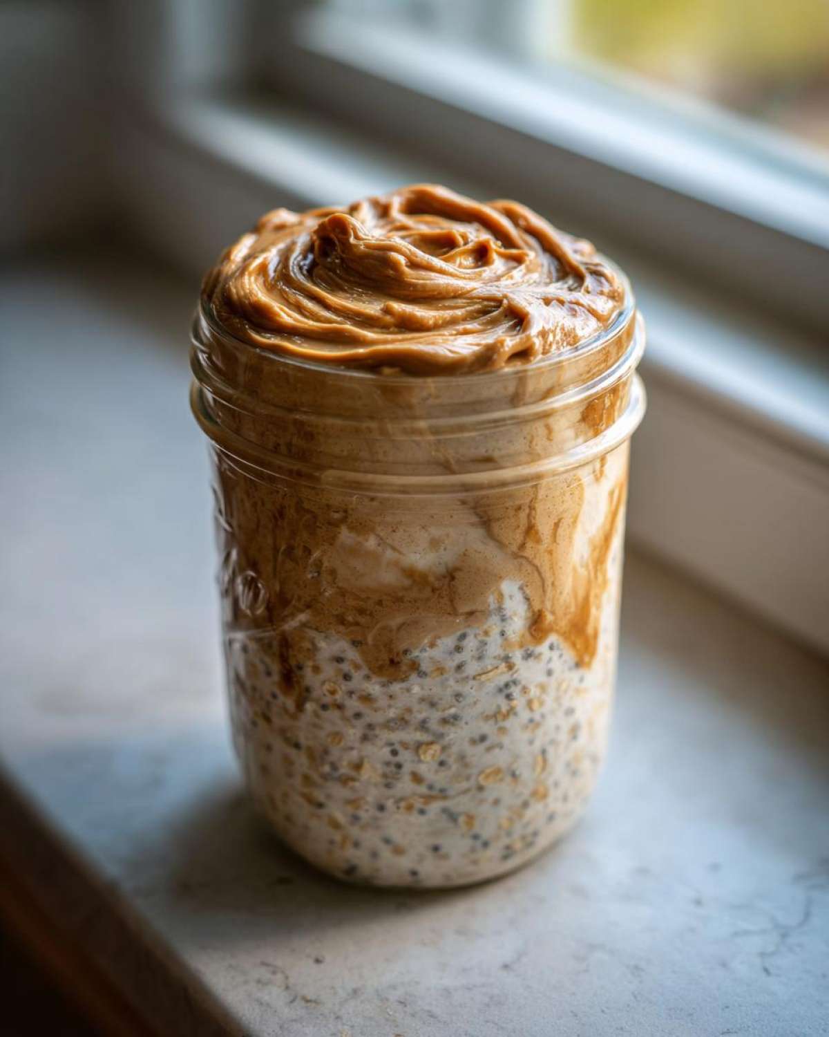 A glass jar filled with High-Protein Peanut Butter Overnight Oats, topped with a swirl of creamy peanut butter.