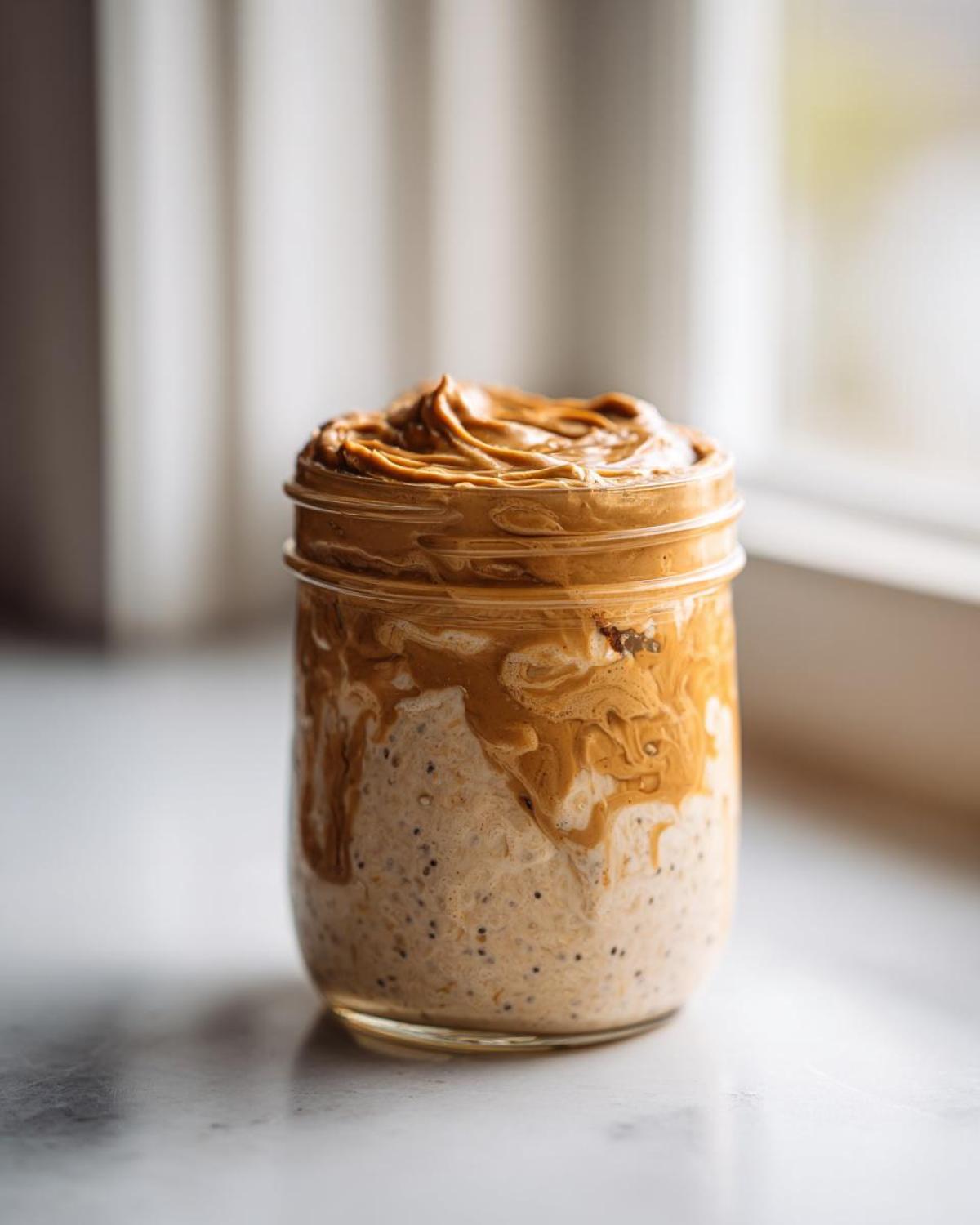 Close-up of High-Protein Peanut Butter Overnight Oats topped with swirled peanut butter in a glass jar.