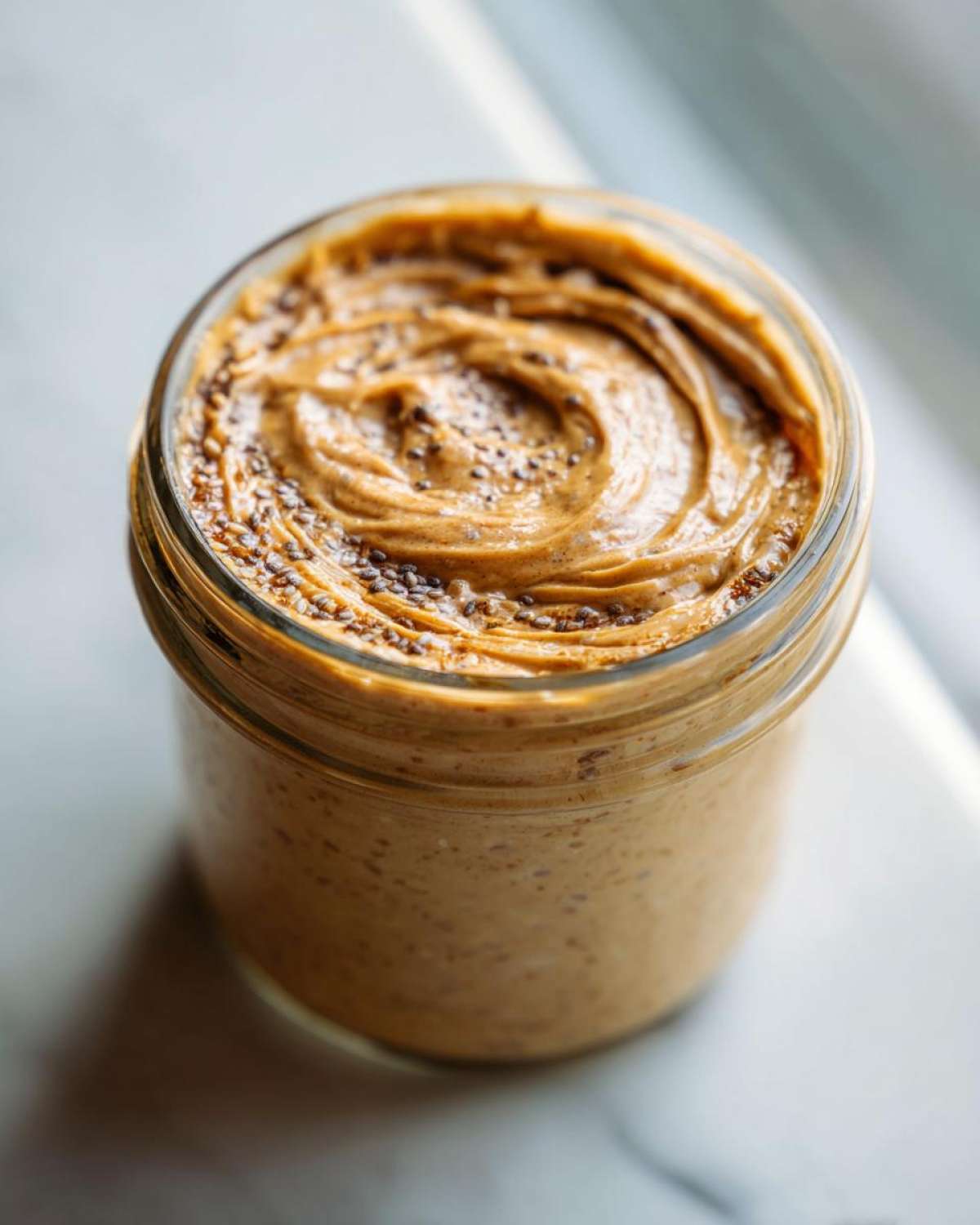 Close-up of creamy High-Protein Peanut Butter Overnight Oats topped with swirled peanut butter and chia seeds in a glass jar.