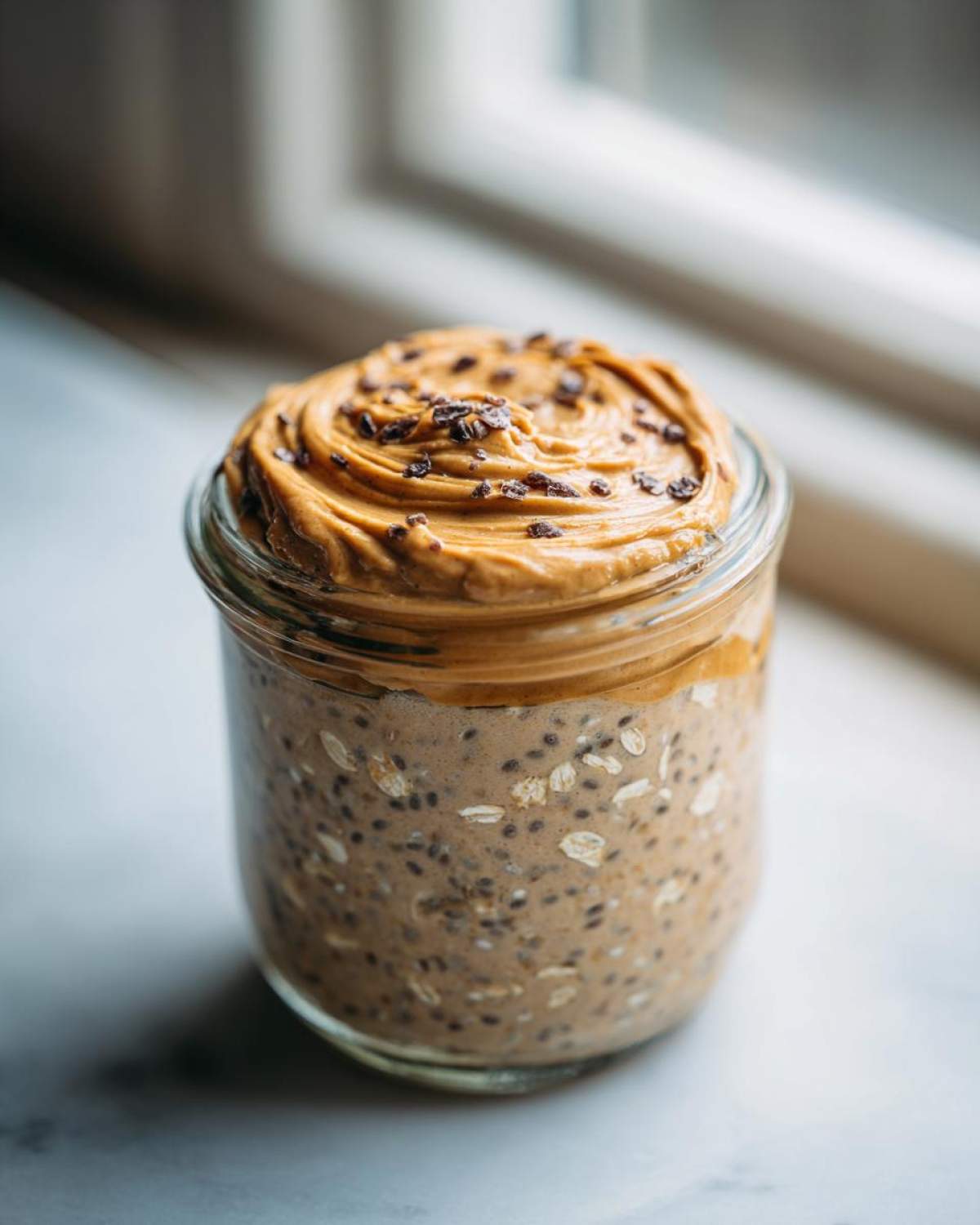 Close-up of High-Protein Peanut Butter Overnight Oats topped with swirled peanut butter and cacao nibs.
