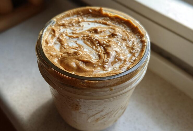 Close-up of High-Protein Peanut Butter Overnight Oats topped with swirled peanut butter and milk.