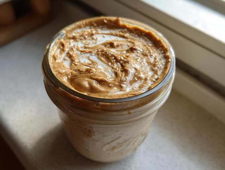 Close-up of High-Protein Peanut Butter Overnight Oats topped with swirled peanut butter and milk.