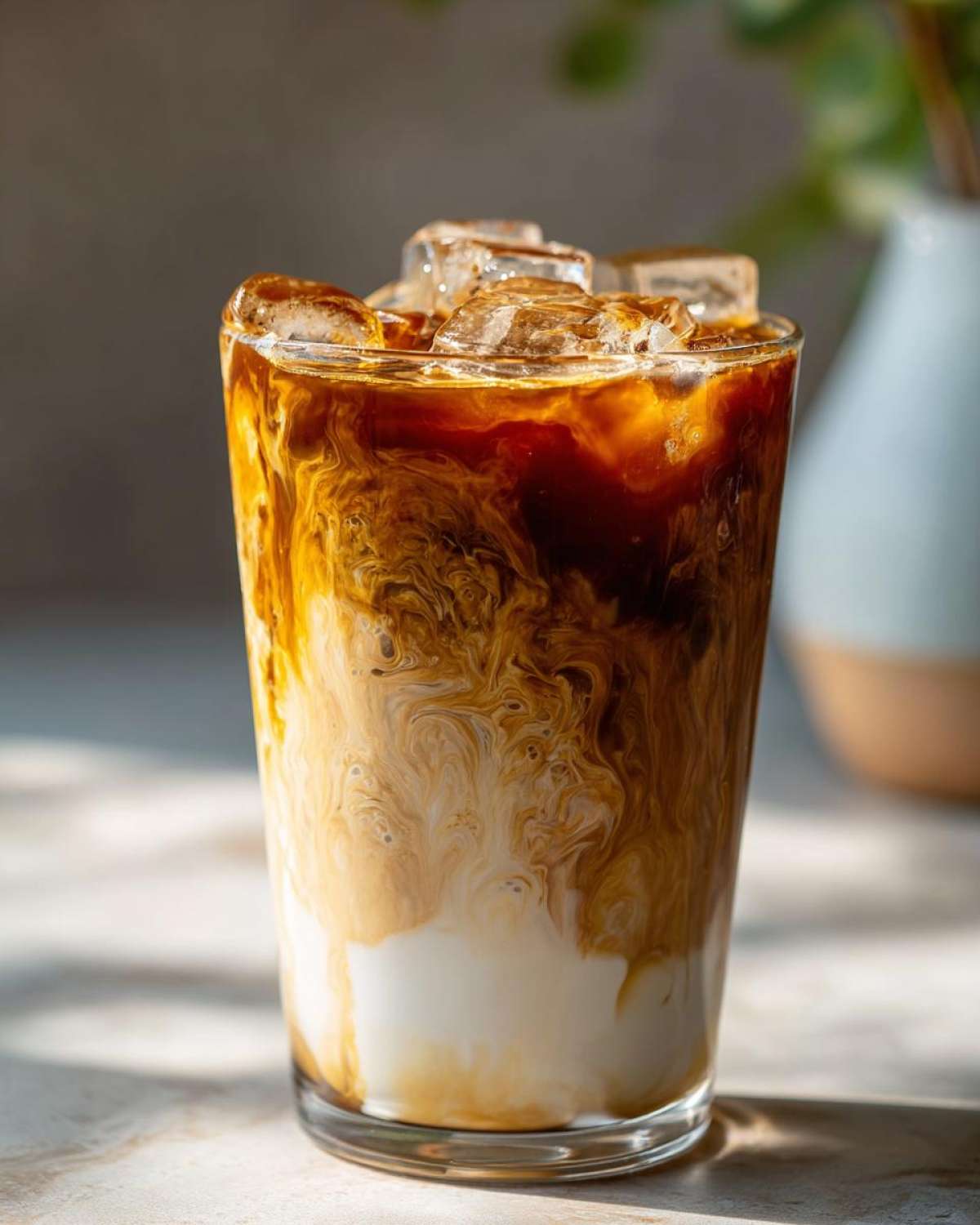 Close-up of an Iced Brown Sugar Oatmilk Latte showing the rich swirl of espresso mixing with oatmilk and ice.