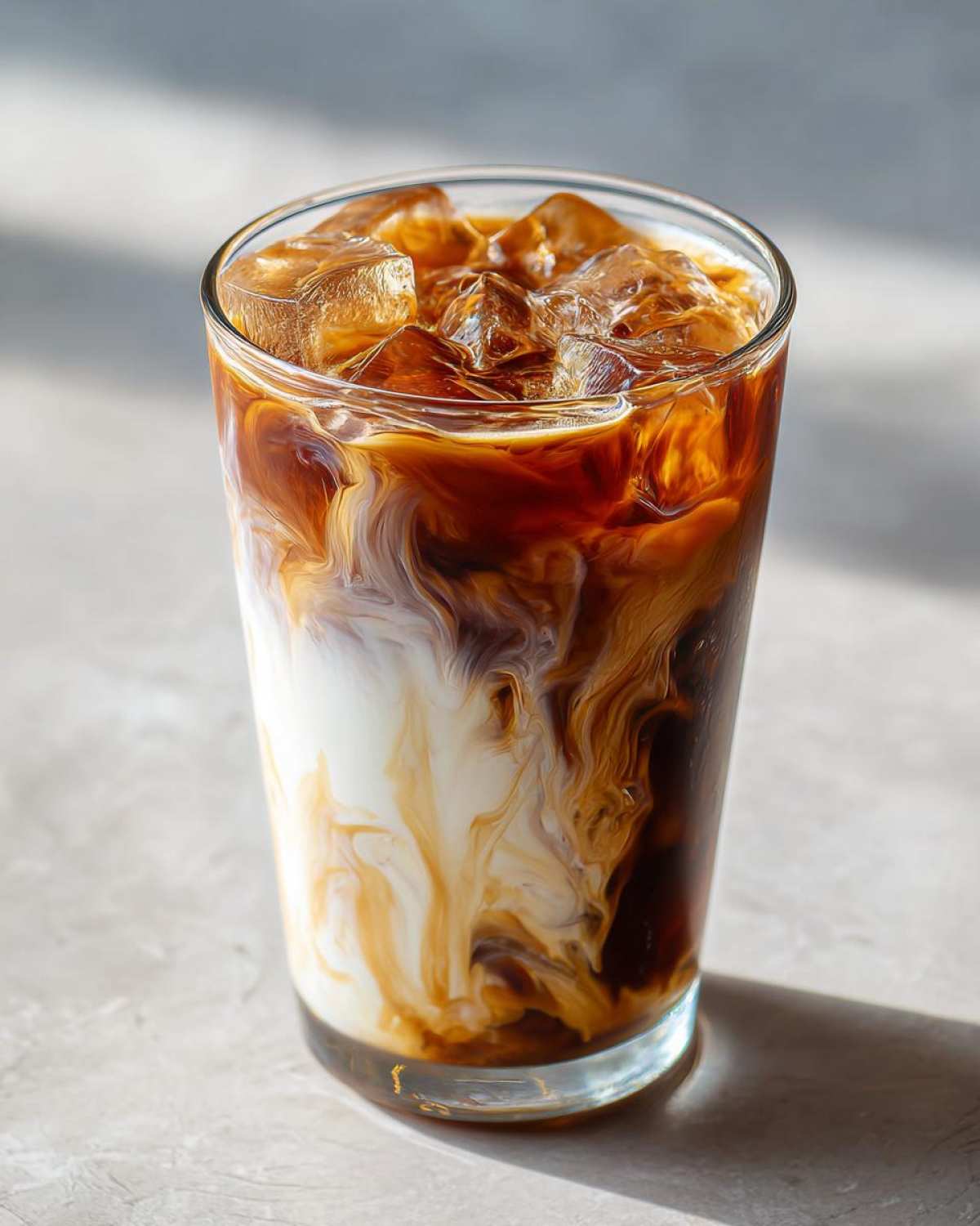 Close-up of an Iced Brown Sugar Oatmilk Latte showing rich swirls of coffee and oat milk over ice.