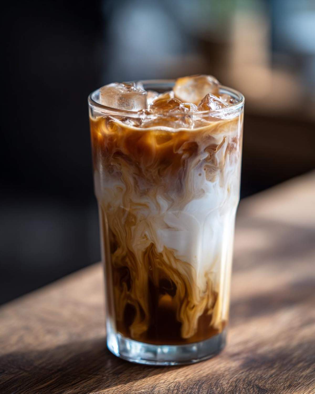 Close-up of an Iced Brown Sugar Oatmilk Latte with coffee and oatmilk swirling around ice cubes.