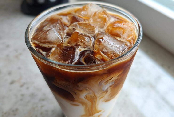 Close-up of an Iced Brown Sugar Oatmilk Latte showing rich swirls of coffee mixing with white oatmilk over ice.