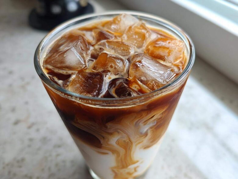 Close-up of an Iced Brown Sugar Oatmilk Latte showing rich swirls of coffee mixing with white oatmilk over ice.
