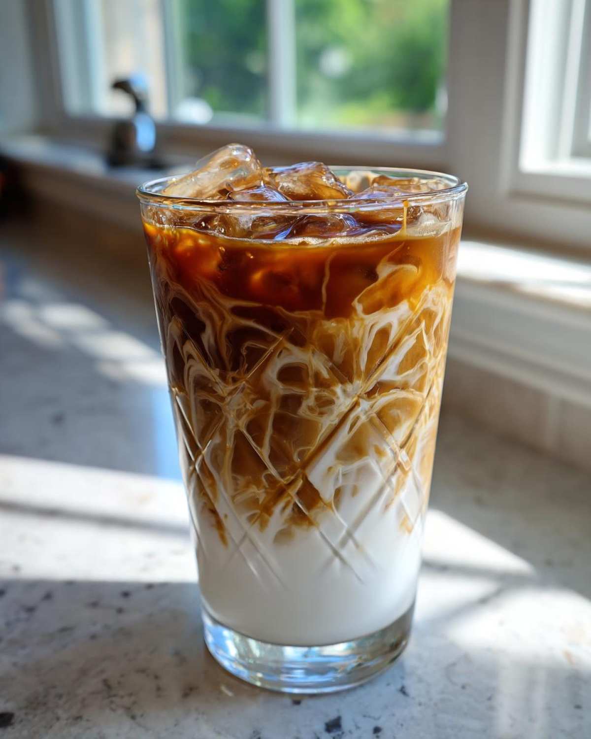 A tall, textured glass filled with an Iced Caramel Macchiato showing distinct layers of milk, espresso, and ice.