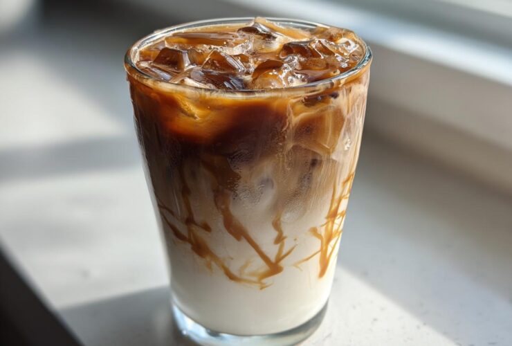 A tall glass filled with a layered Iced Caramel Macchiato, showing milk, espresso, and caramel drizzle over ice.