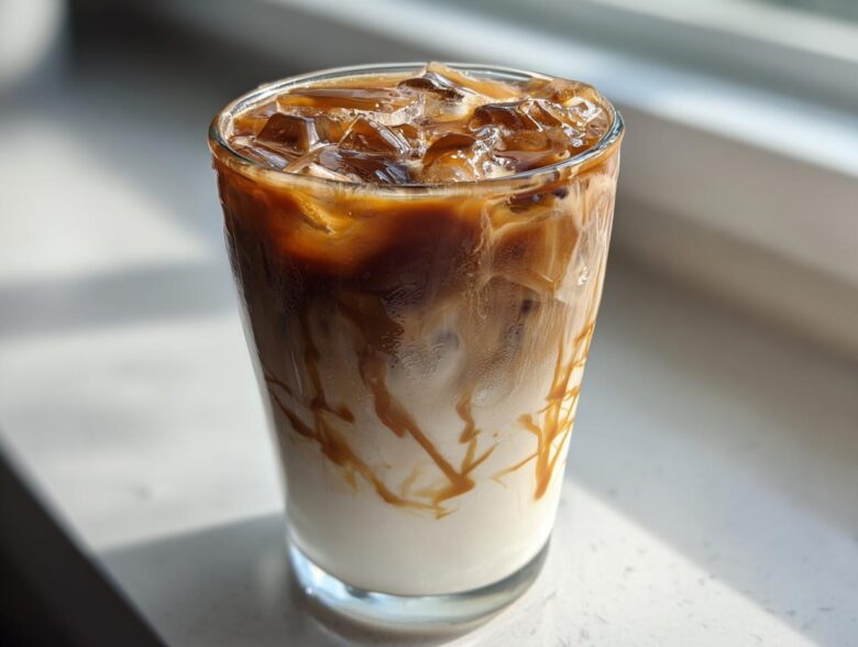 A tall glass filled with a layered Iced Caramel Macchiato, showing milk, espresso, and caramel drizzle over ice.