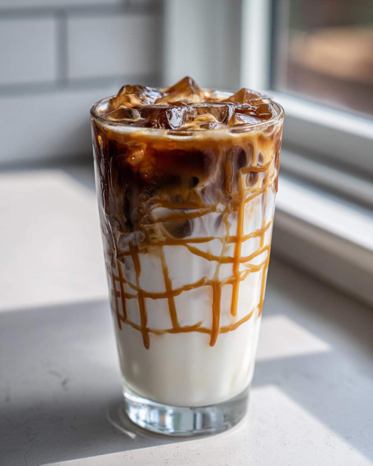 Close-up of a layered Iced Caramel Macchiato showing milk, espresso, and caramel drizzle.