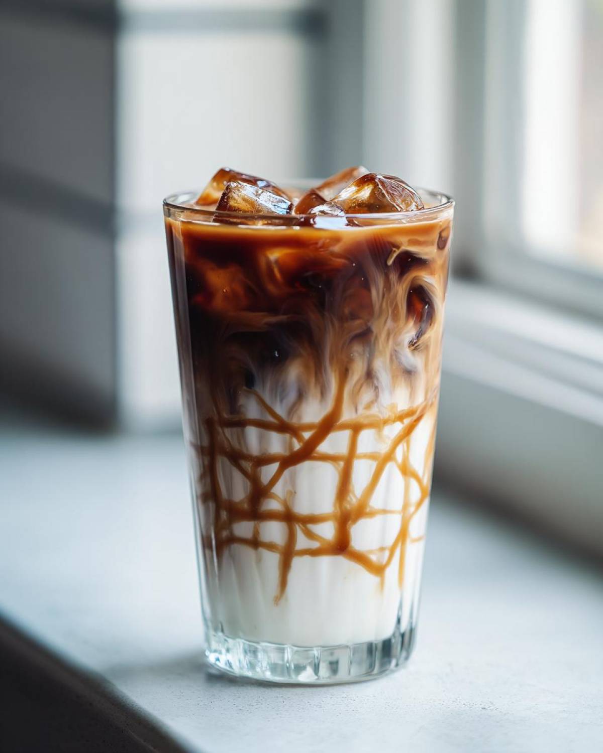 A tall glass of Iced Caramel Macchiato showing layers of milk, espresso, and caramel drizzle against a bright window.