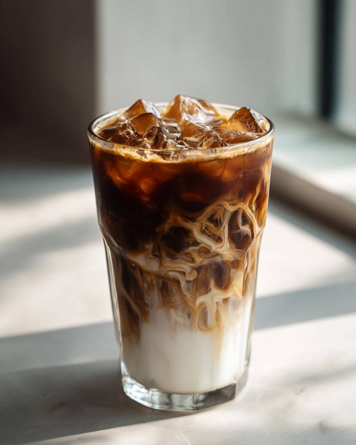 Close-up of a tall glass containing an Iced Caramel Macchiato with ice cubes, showing rich espresso swirling into the white milk layer.