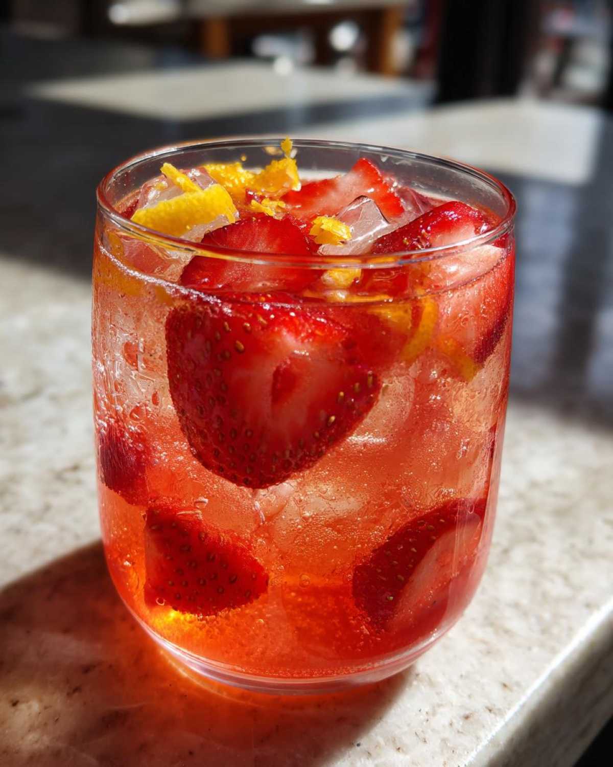 Close-up of a glass filled with Iced Strawberry Lemon Tea, featuring sliced strawberries and lemon zest over ice.