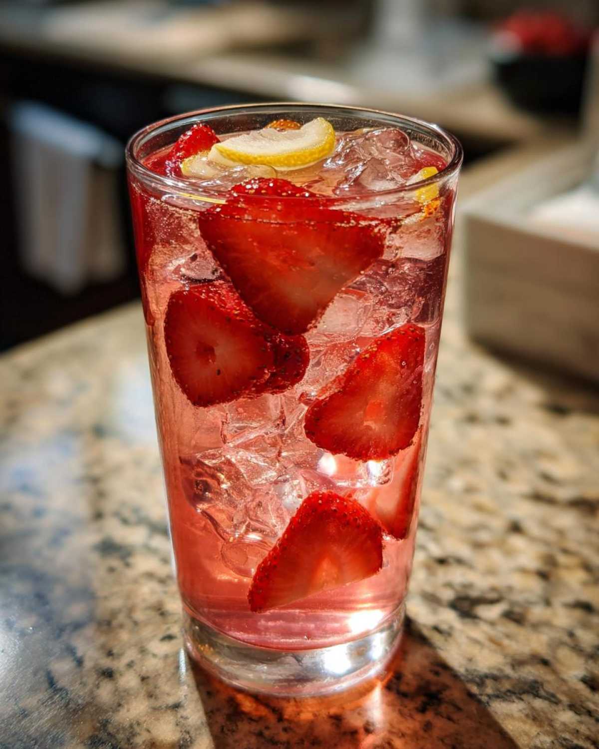 Close-up of a tall glass filled with Iced Strawberry Lemon Tea, ice, sliced strawberries, and lemon.