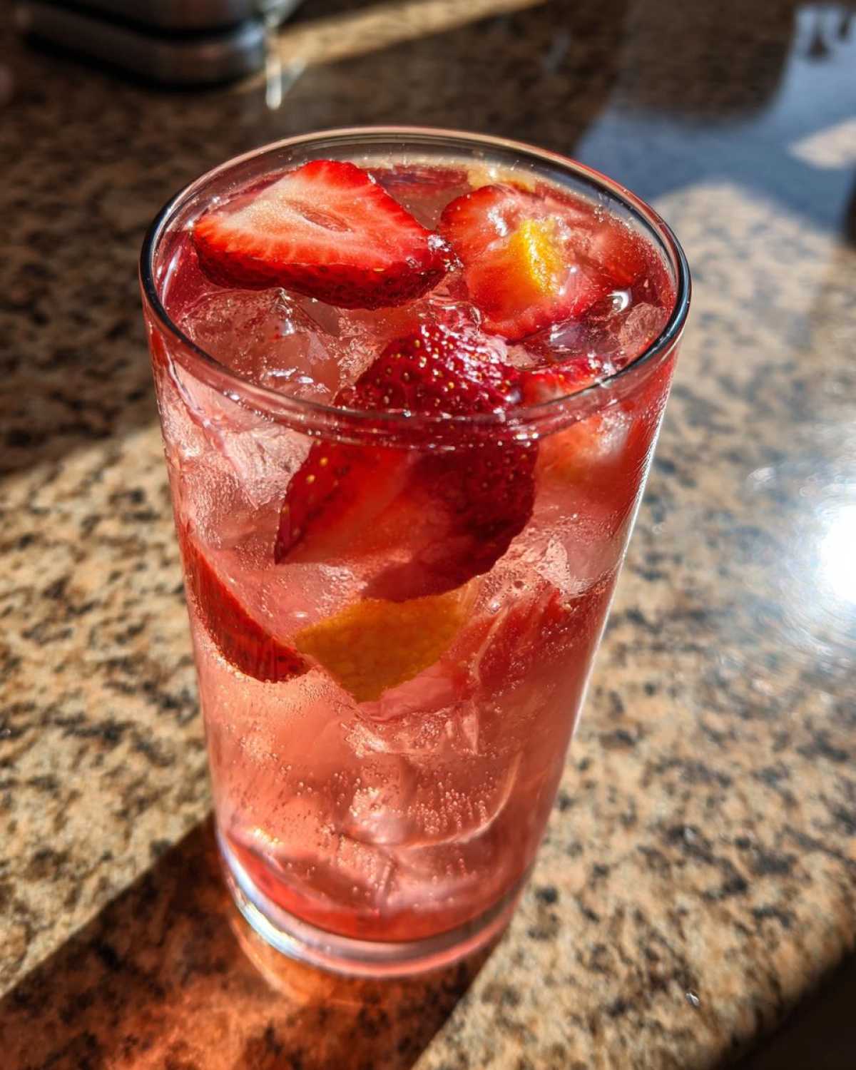 Close-up of a tall glass filled with Iced Strawberry Lemon Tea, ice, and fresh strawberry slices.
