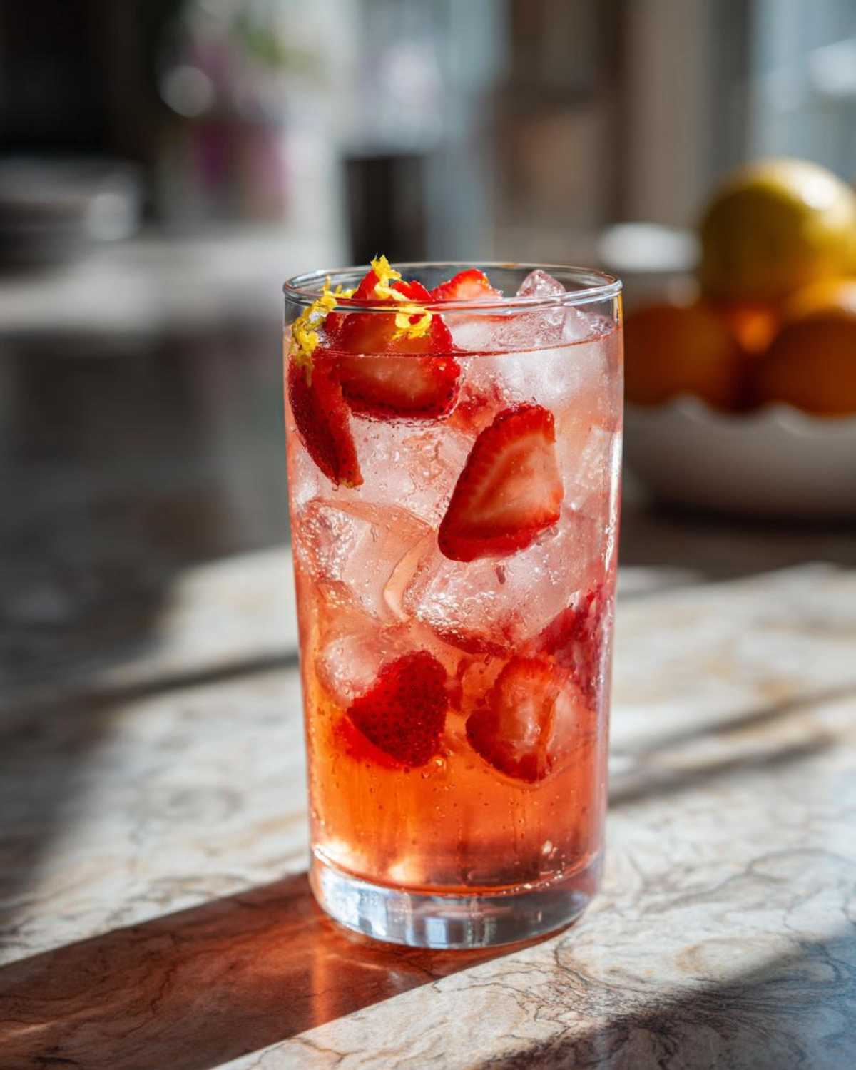 Close-up of a tall glass of Iced Strawberry Lemon Tea filled with ice and sliced strawberries, garnished with lemon zest.