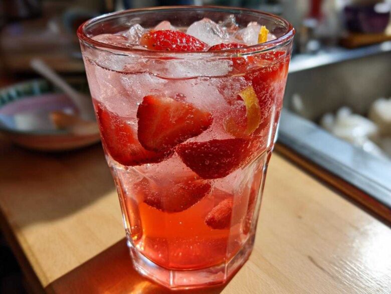 Close-up of a tall glass filled with Iced Strawberry Lemon Tea, ice, and fresh strawberry slices.