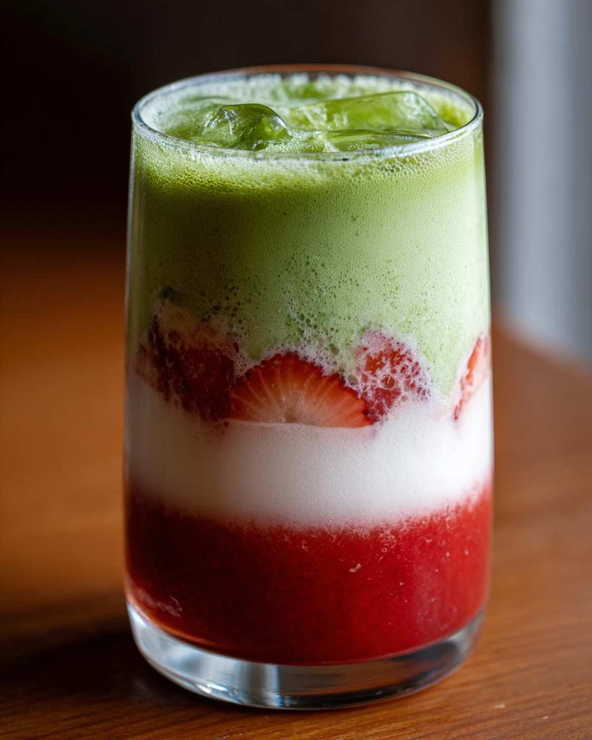 Close-up of a layered Iced Strawberry Matcha Latte showing strawberry puree, milk, and green matcha foam with ice.