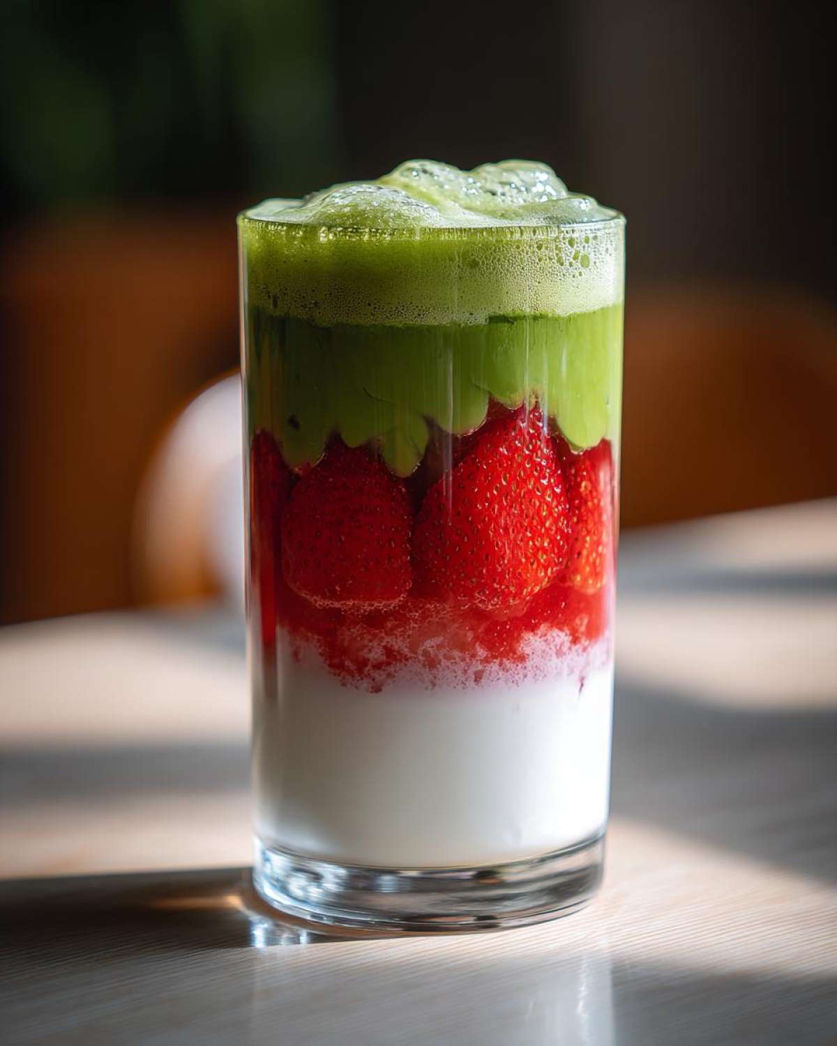 Visually appealing Iced Strawberry Matcha Latte showing distinct layers of milk, fresh strawberries, and bright green matcha foam.