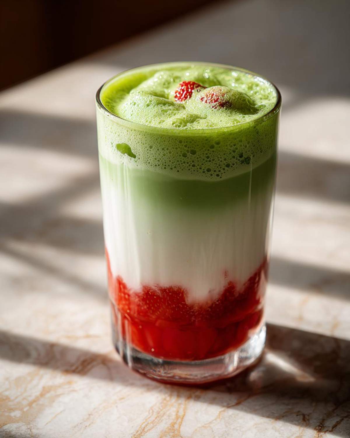 Close-up of a vibrant Iced Strawberry Matcha Latte showing distinct layers of strawberry puree, milk, and foamy green matcha.