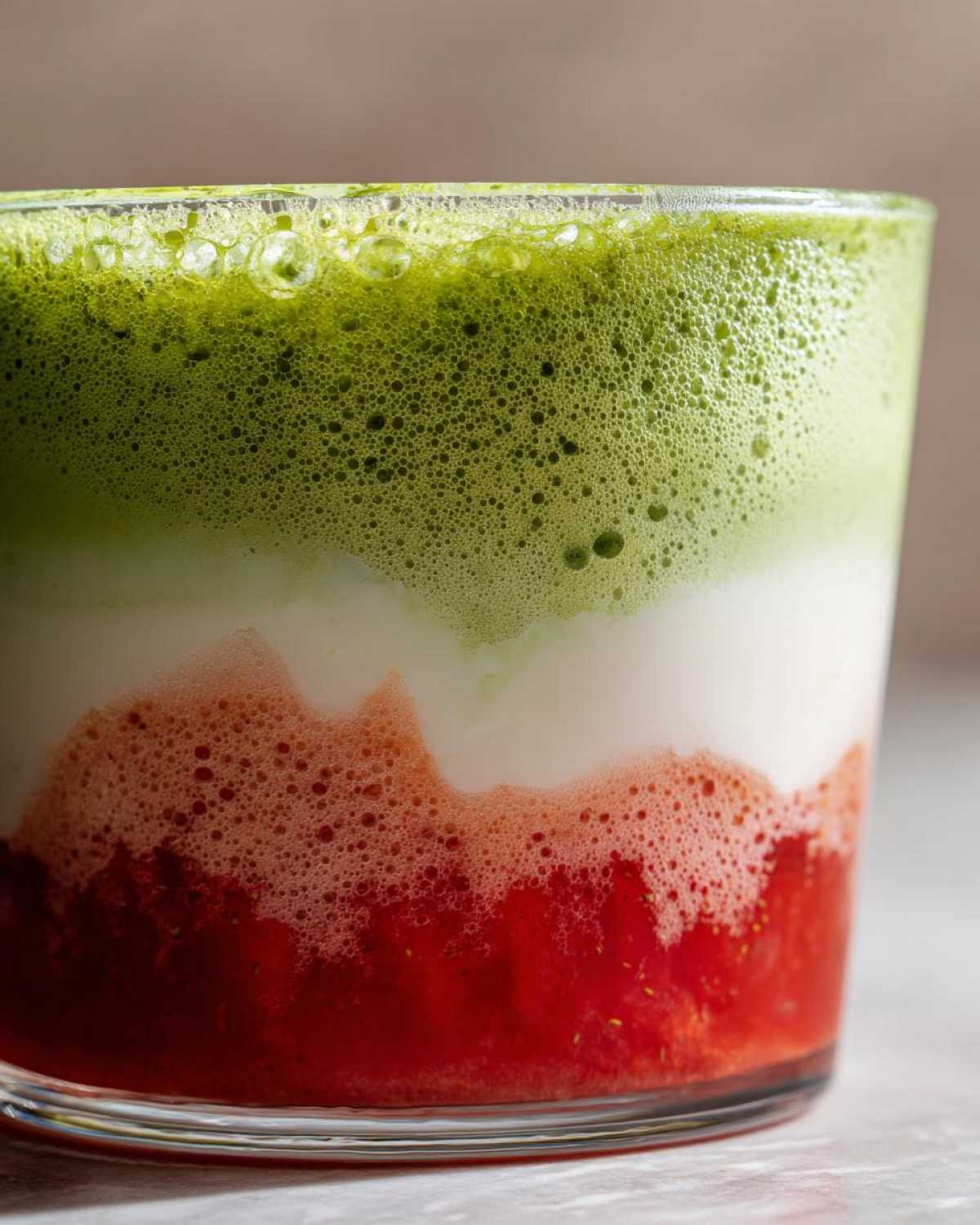 Close-up of a layered Iced Strawberry Matcha Latte showing red strawberry puree, white milk, and green matcha foam.