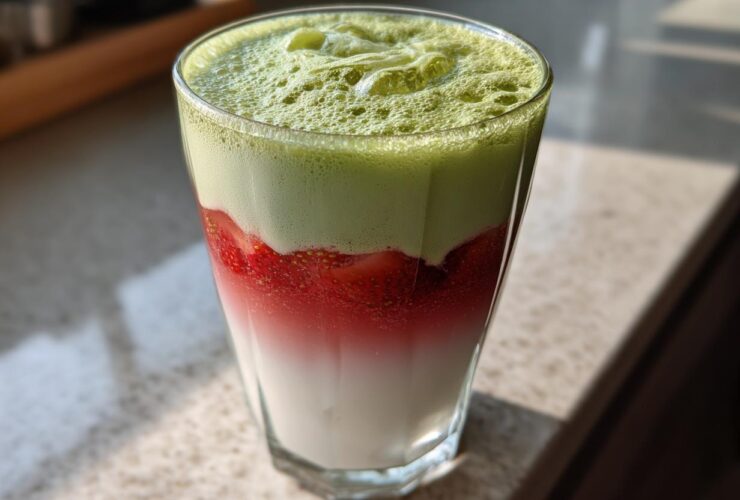 Close-up of a beautiful Iced Strawberry Matcha Latte showing distinct layers of milk, strawberry puree, and green matcha foam.