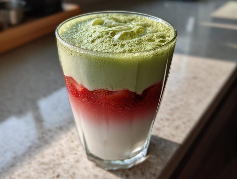 Close-up of a beautiful Iced Strawberry Matcha Latte showing distinct layers of milk, strawberry puree, and green matcha foam.