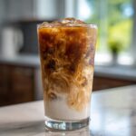 Close-up of a tall glass filled with an Iced Vanilla Chai Latte showing rich swirls of dark chai mixing with white milk over ice.