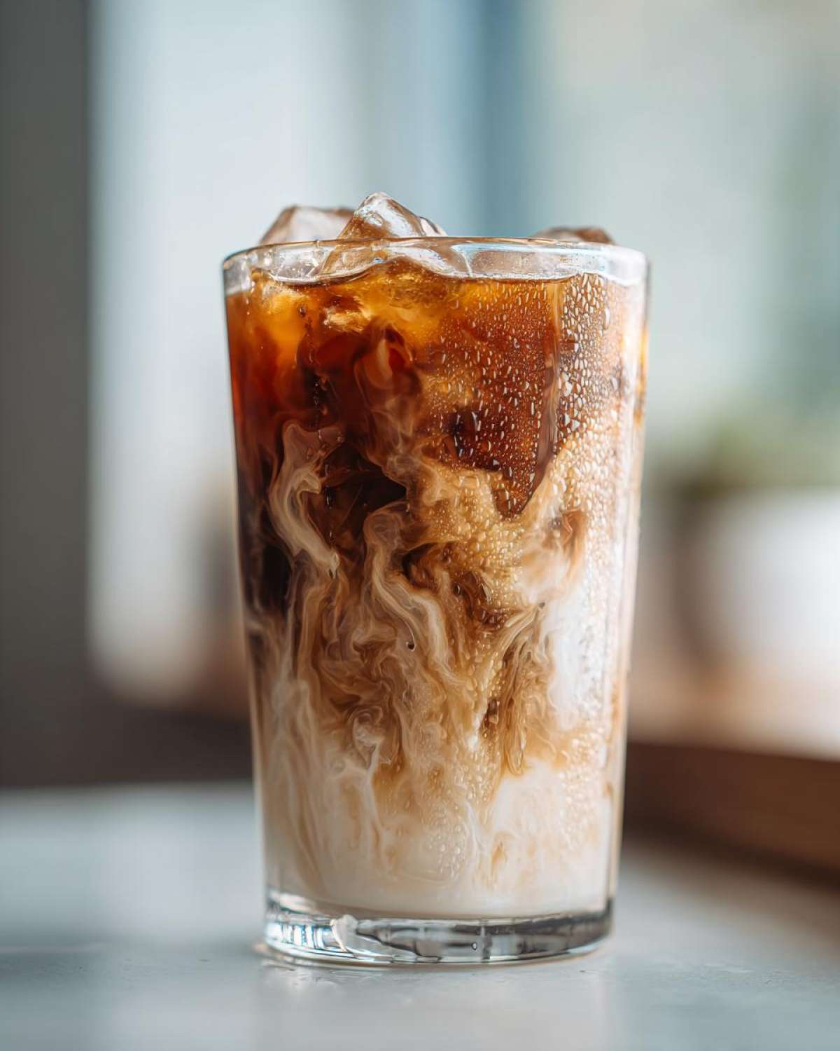 Close-up of an Iced Vanilla Chai Latte with milk swirling into the dark tea concentrate over ice cubes.