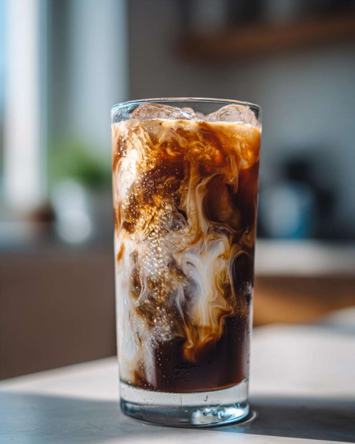 Close-up of an Iced Vanilla Chai Latte showing rich swirls of dark chai concentrate mixing with white milk over ice.