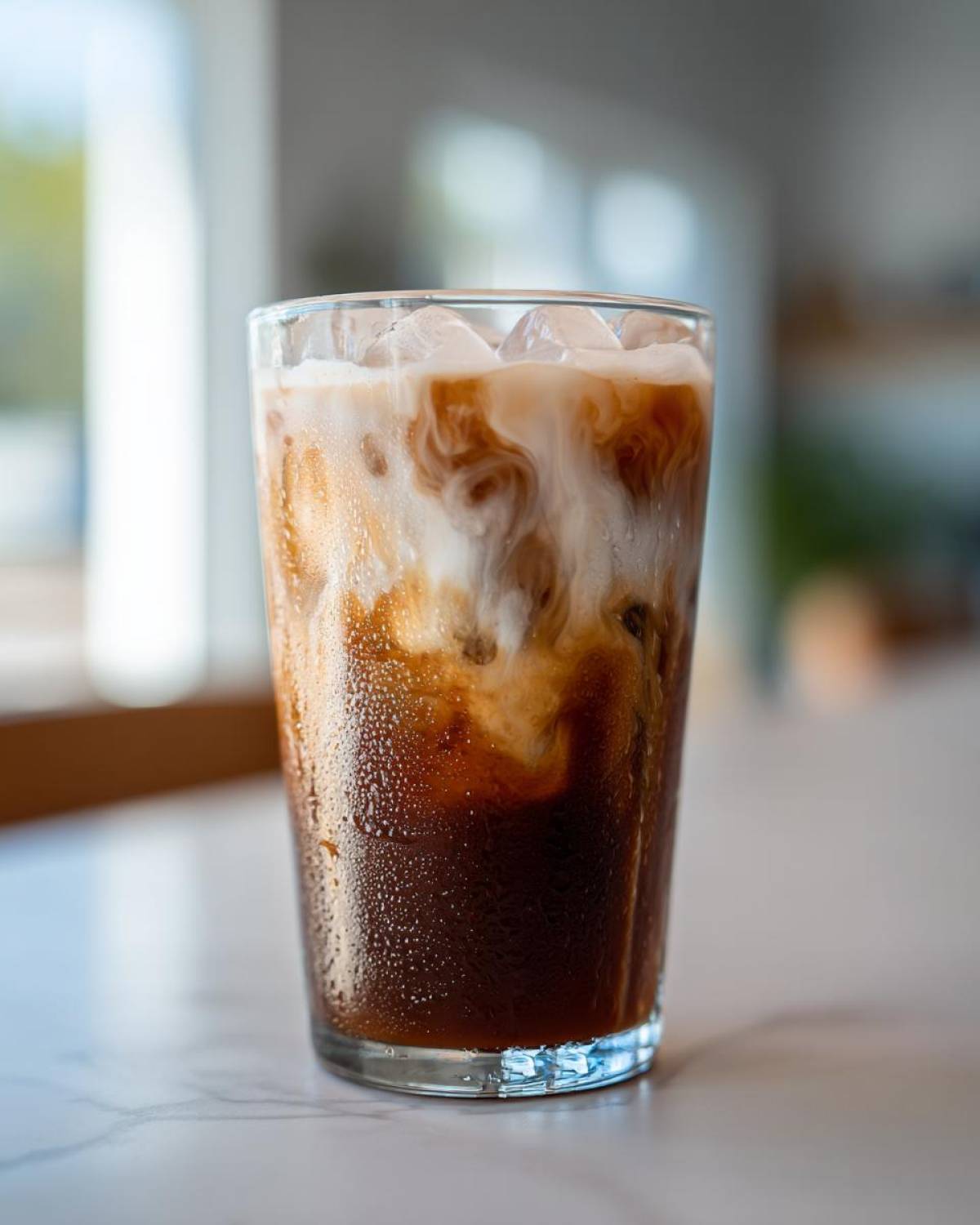 Close-up of a tall glass containing a cold Iced Vanilla Chai Latte with ice cubes and cream swirling into the dark chai concentrate.