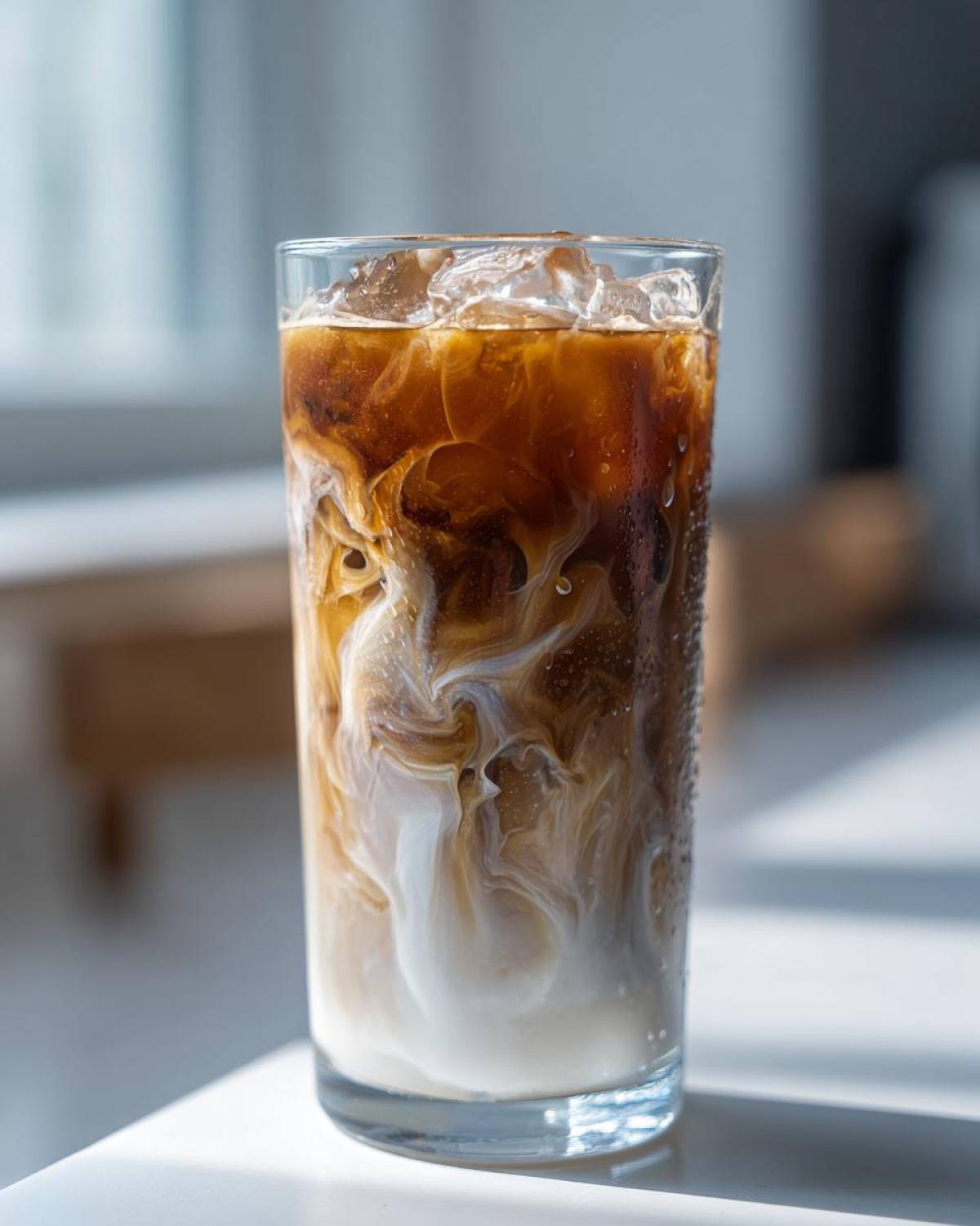 Close-up of an Iced Vanilla Chai Latte showing rich swirls of dark tea and white milk over ice.