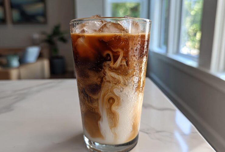 A tall glass of Iced Vanilla Chai Latte showing rich swirls of dark chai concentrate mixing with white milk over ice.