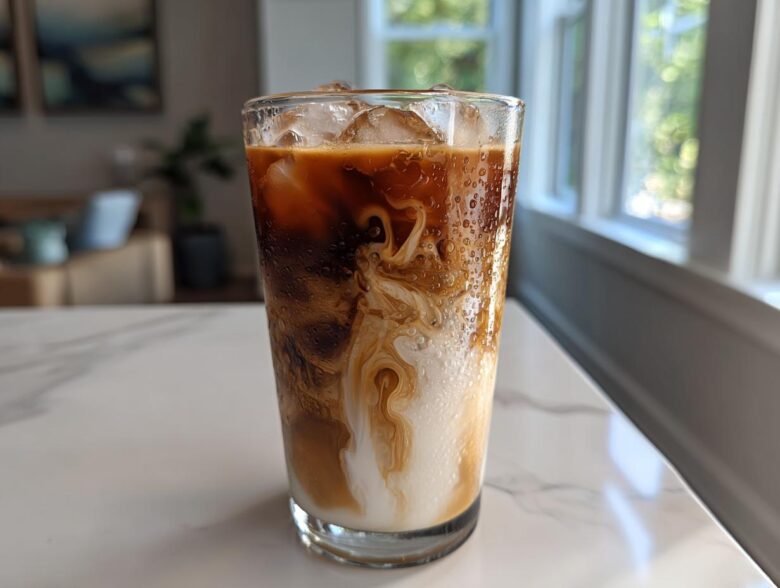 A tall glass of Iced Vanilla Chai Latte showing rich swirls of dark chai concentrate mixing with white milk over ice.