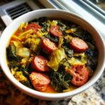 Close-up of a white bowl filled with Instant Pot Cabbage and Sausage Soup, featuring sliced sausage and cooked greens.
