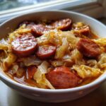 A close-up of a white bowl filled with hearty Instant Pot Cabbage and Sausage Soup, featuring large slices of sausage.