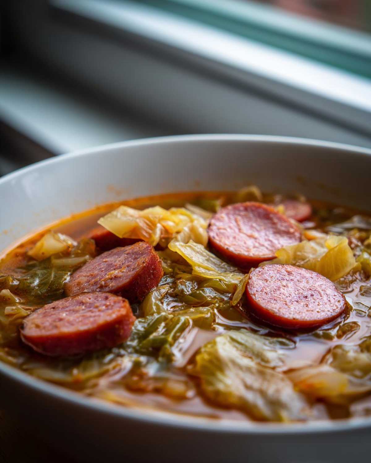 Close-up of a white bowl filled with rich Instant Pot Cabbage and Sausage Soup, featuring slices of sausage and cooked cabbage.