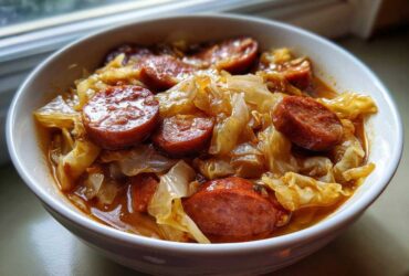 A close-up of a white bowl filled with hearty Instant Pot Cabbage and Sausage Soup, featuring large slices of sausage.