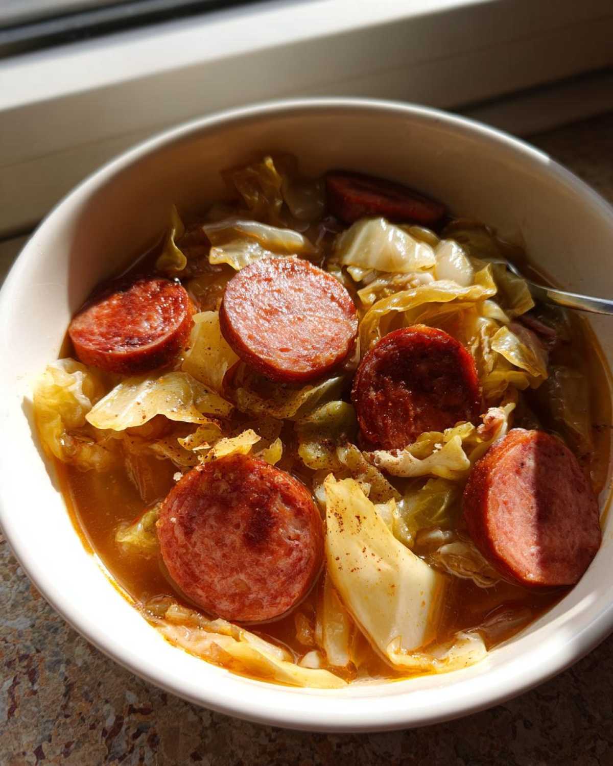 Close-up bowl of Instant Pot Cabbage and Sausage Soup with slices of smoked sausage.