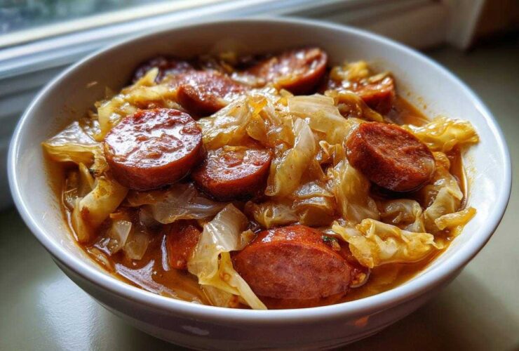 A close-up of a white bowl filled with hearty Instant Pot Cabbage and Sausage Soup, featuring large slices of sausage.
