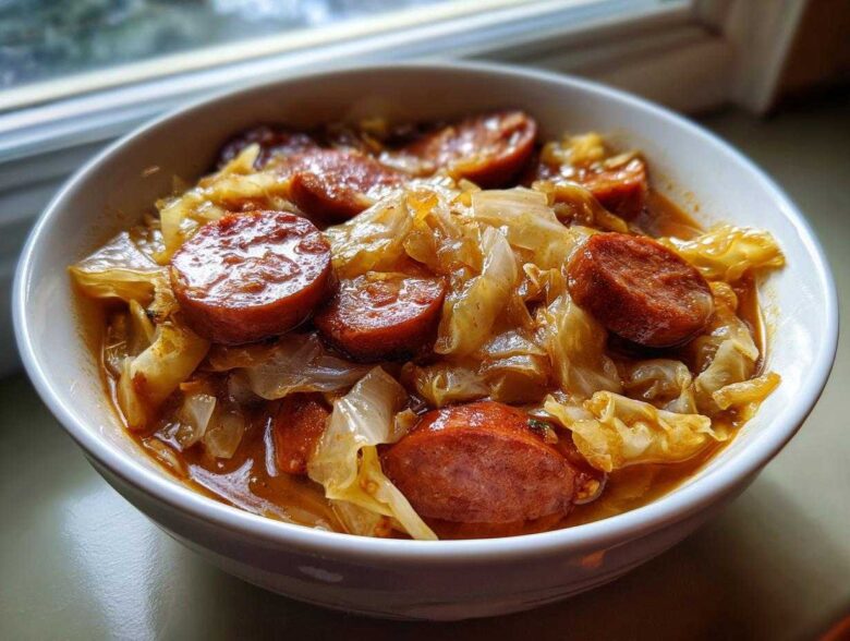A close-up of a white bowl filled with hearty Instant Pot Cabbage and Sausage Soup, featuring large slices of sausage.