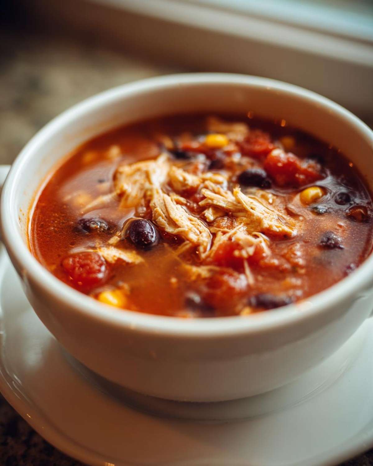 Close-up of a white bowl filled with rich, red Instant Pot Chicken Tortilla Soup, featuring shredded chicken, black beans, and corn.