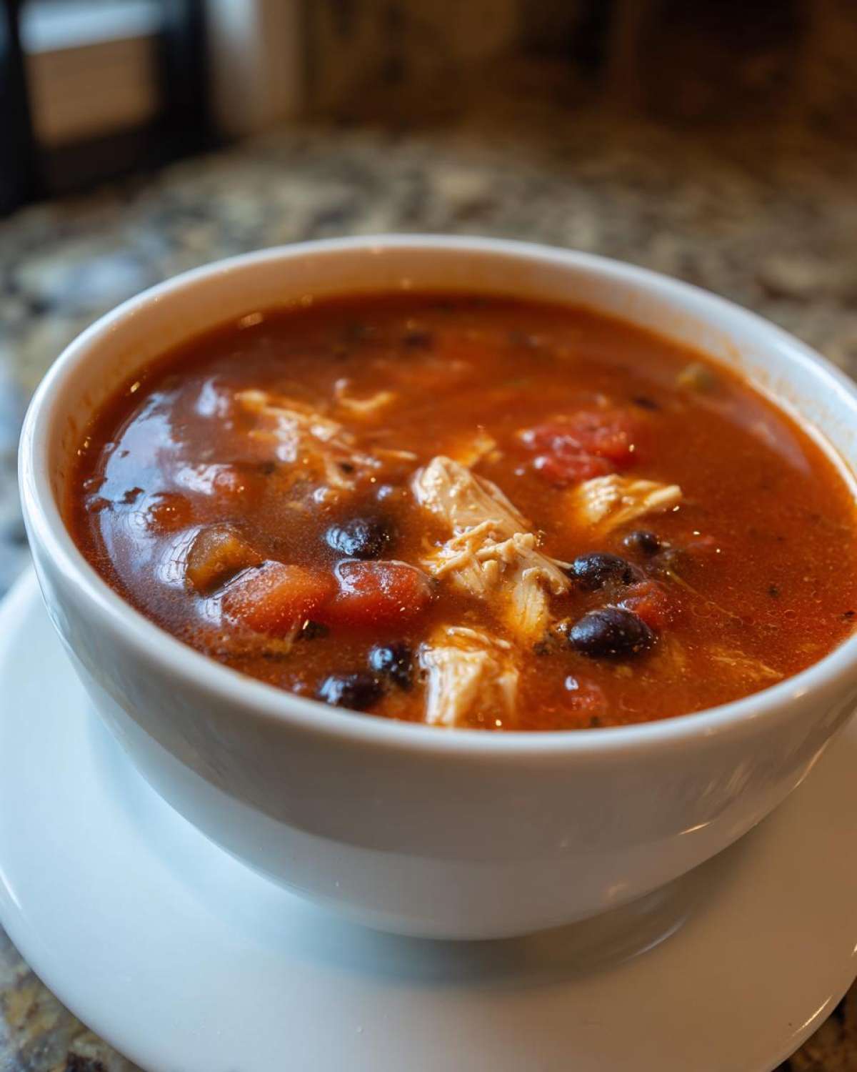 Close-up of a white bowl filled with rich, red Instant Pot Chicken Tortilla Soup featuring shredded chicken and black beans.