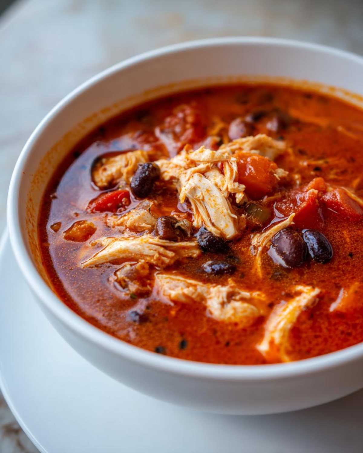 Close-up of a white bowl filled with rich, red Instant Pot Chicken Tortilla Soup, showing shredded chicken and black beans.
