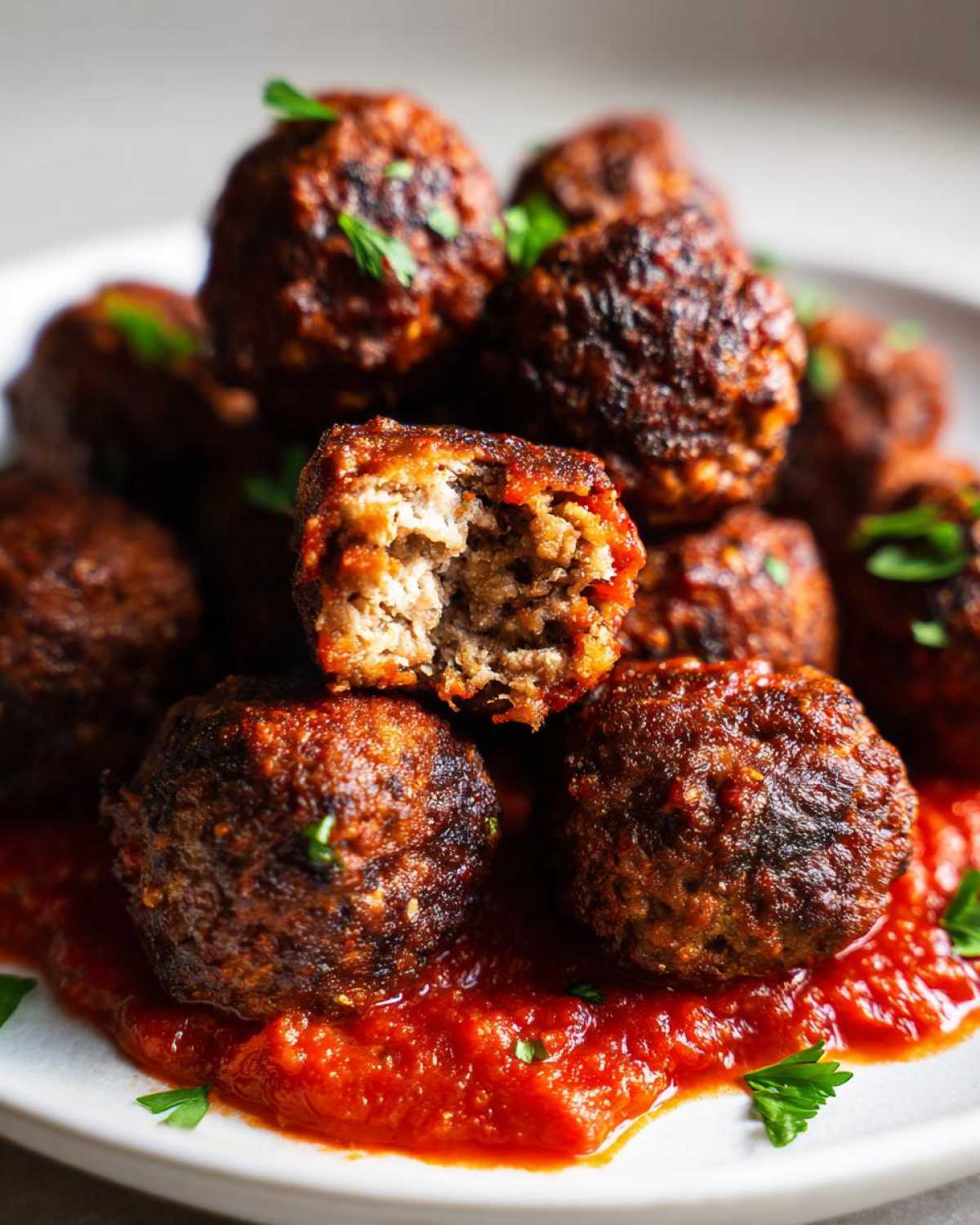 Close-up of juicy Air Fryer Italian Meatballs stacked on a plate with rich tomato sauce and parsley garnish.