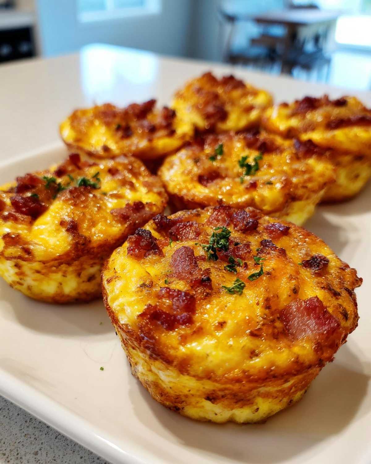 Close-up of several golden Keto Bacon and Egg Muffins topped with crispy bacon bits and parsley.