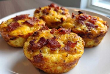 Four golden-brown Keto Bacon and Egg Muffins topped with crispy bacon pieces, served on a white plate.